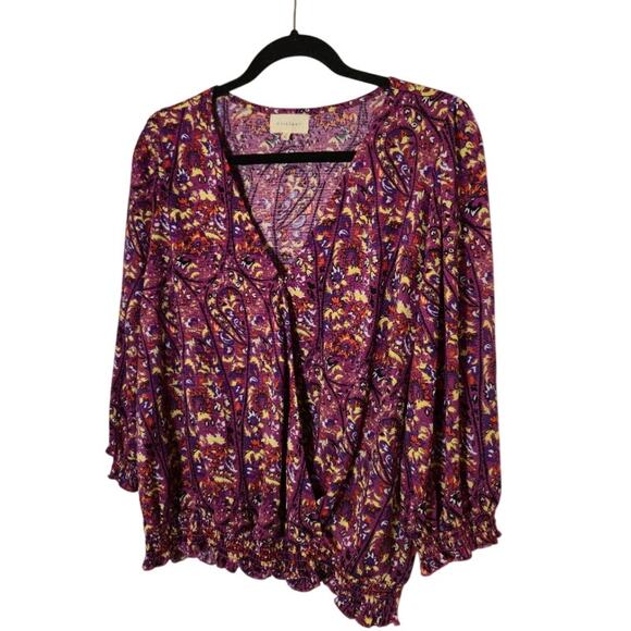 Melloday Womens Paisley Wrap Top Size XL Purple Smocked Hem Bohemian - Picture 4 of 11